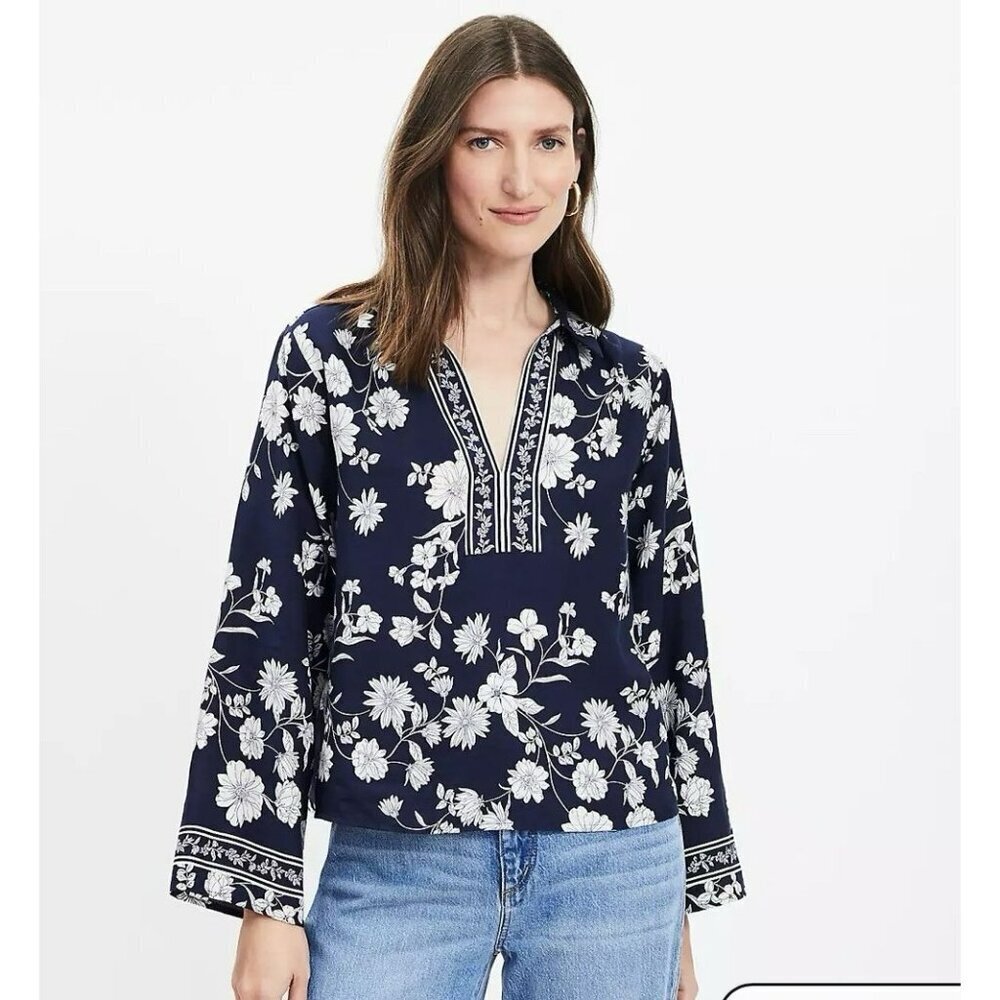 LOFT Womens Size MP Blue Floral Easy Print Split Neck Blouse Lyocell - Picture 2 of 10